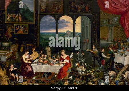 Jan Brueghel der Ältere (1568-1625). Flämischer Maler. Geschmack, Hören und Berühren, ca. 1620. Öl auf ungefütterter Leinwand (176 x 264 cm). Prado Museum. Madrid, Spanien. Stockfoto