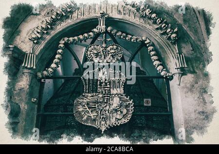 Aquarell Zeichnung des königlichen Wappens aus menschlichen Knochen und Schädeln mit Haufen von Schädeln Hintergrund. Kostnice Kirche in Kutna Hora. Stockfoto