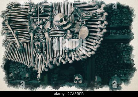 Aquarell Zeichnung des königlichen Wappens aus menschlichen Knochen und Schädeln mit Haufen von Schädeln Hintergrund. Kostnice Kirche in Kutna Hora. Stockfoto