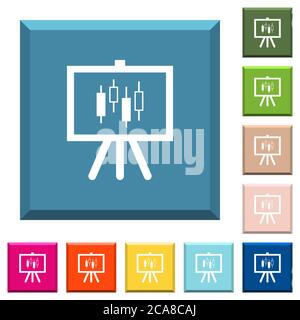 Präsentationstisch mit Kerzenständer-Chart weiße Icons auf kantigen quadratischen Knöpfen in verschiedenen trendigen Farben Stock Vektor