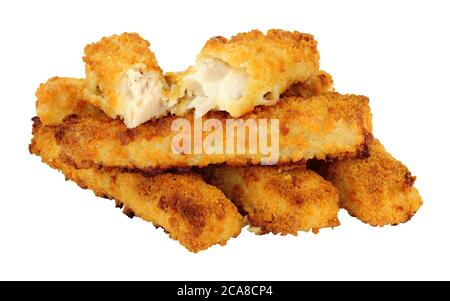 Gruppe von Jumbo Breadcrumb bedeckt Kabeljau Fischfinger isoliert auf einem weißen Hintergrund Stockfoto