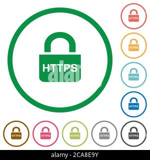 Sichere, flache Farbsymbole für das HTTP-Protokoll in runden Umrissen auf weißem Hintergrund Stock Vektor
