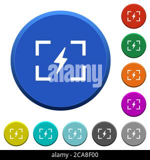 Kamerablitz-Modus runde, abgeschrägte Farbtasten mit glatten Oberflächen und flachen weißen Symbolen Stock Vektor