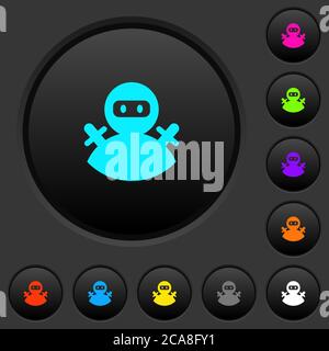 Ninja Avatar dunkle Druckknöpfe mit lebendigen Farbsymbolen auf dunkelgrauem Hintergrund Stock Vektor