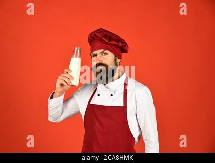 Bärtiger Mann kocht auf rotem Hintergrund. Reifer Koch oder kochen mit ernsten Gesicht in Burgunder Schürze halten Flasche Milch. Protein-Diät-Konzept Stockfoto