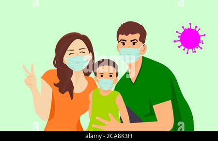 Die Familie trägt eine Maske, um den Ausbruch des Coronavirus zu verhindern (COVID-19). Die rechte Hand der Mutter zeigt das V-Zeichen. Glückliches Gesicht.die rechte Hand des Vaters zeigte si Stockfoto