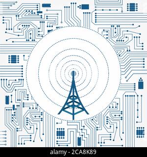 Hintergrund der Elektronikschaltung mit einem Kommunikationsturm in der Mitte Stock Vektor