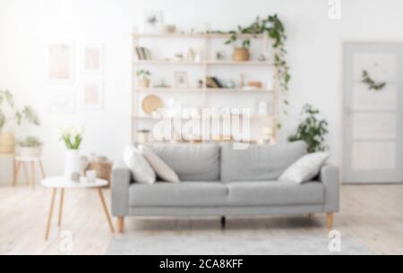 Verschwommenes Stilvolles Wohnzimmer Innenhintergrund Mit Sofa, Regalen Und Couchtisch Stockfoto
