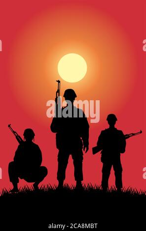 Soldaten Figuren Silhouetten bei Sonnenuntergang Szene Vektor Illustration Design Stock Vektor