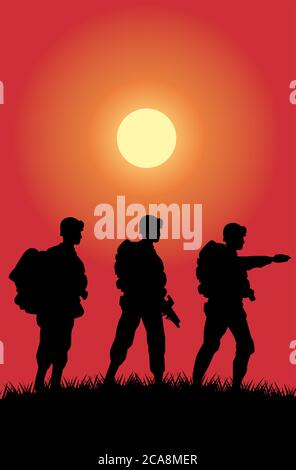 Soldaten Figuren Silhouetten bei Sonnenuntergang Szene Vektor Illustration Design Stock Vektor