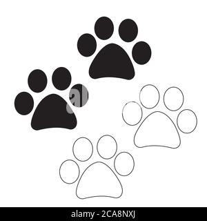 Hund und Katze Pfoten Symbole in schwarz gefüllt und Umriss-Stil. Paw Silhouette Vektor-Symbol Stock Vektor