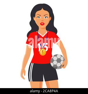 Mädchen in einer Sportuniform hält einen Ball. Eine Goldmedaille hängt auf seiner Brust. Flache Zeichen Vektor-Illustration Stock Vektor