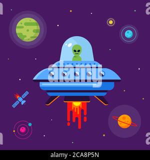 Alien-Schiff fliegt im Raum zwischen den Planeten. Grüne Alien sitzt in einer Platte. Flache Vektor-Illustration. Stock Vektor