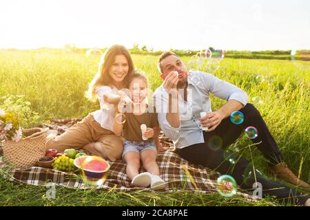 Schöne Familie bläst Seifenblasen auf einem Picknick auf der Wiese Stockfoto