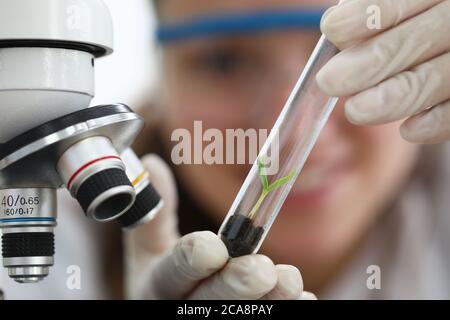 Eine Frau bewertet die Bodenverschmutzung mit Giftstoffen Stockfoto