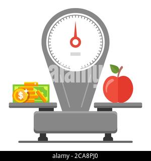Ausgaben Geld für Lebensmittel. Balance von Preis und Nahrung. Flache Vektor-Illustration. Stock Vektor