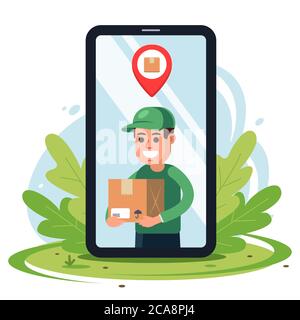 Verfolgen Sie das Paket im Telefon. Lieferung von Waren online. Flache Vektor-Illustration. Stock Vektor