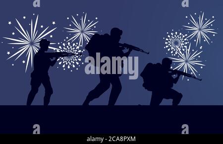 Soldaten Figuren Silhouetten und Feuerwerk Szene Vektor Illustration Design Stock Vektor