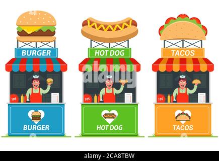 Set von Ständen mit Fast Food. Fröhlicher Verkäufer am Kiosk. Flache Vektorgrafik. Stock Vektor
