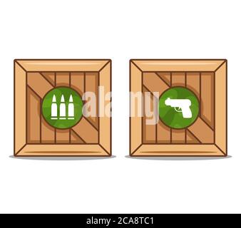 Holzkisten mit Waffen und Munition. Flache Vektorgrafik. Stock Vektor