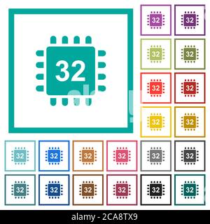 Mikroprozessor 32 Bit Architektur flache Farbsymbole mit Quadranten Rahmen auf weißem Hintergrund Stock Vektor