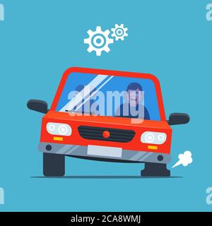 Das Auto durchbohrt das Rad und begann zu aufblasen. Verärgert Fahrer. Flache Vektor-Illustration. Stock Vektor