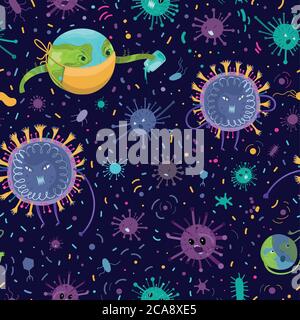 Nahtloses Vektormuster. Planet Erde als Zeichen Spray die Reinigung desinfizieren chemische COVID-19 Virus Pathogen zu desinfizieren. Szene mit einem Virus attac Stock Vektor