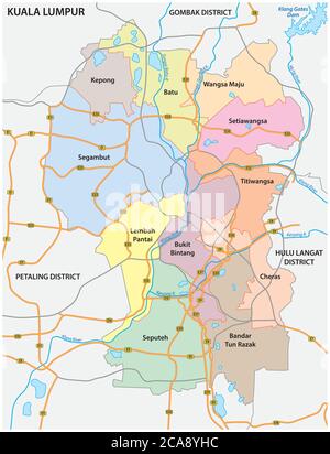 Verwaltungs- und Straßenvektorkarte der malaysischen Hauptstadt Kuala Lumpur Stock Vektor