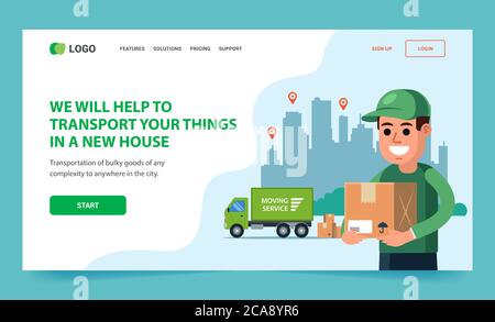 Landung für die Lieferung von Waren an den Kunden. Logistikunternehmen. Flache Vektordarstellung der Website. Stock Vektor