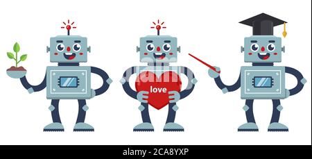 Set von positiven Robotern. Ein Roboter Lehrer, ein Nerd Roboter, und ein Roboter mit einem großen Herzen. Darstellung von flachen Vektorzeichen. Stock Vektor
