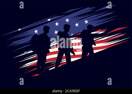 Soldaten Figuren Silhouetten in usa Flagge Hintergrund Vektor Illustration Design Stock Vektor