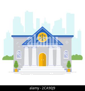 gerichtsgebäude mit Skalen-Symbol auf einem Stadthintergrund. Flache Vektorgrafik Stock Vektor