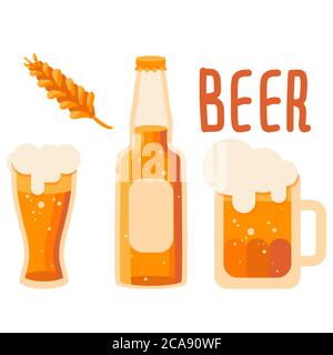 Weizen und Bierkrug auf weißem, isoliertem Hintergrund. Flasche Bier für Einladung oder Geschenkkarte, Notizbuch, Craft Beer Shop Logo, Scrapbook. Telefontasche oder Stock Vektor