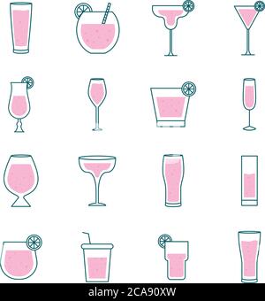 Cocktails Gläser Tassen Linie und füllen Stil Sammlung von Symbolen Design, Alkohol Drink Bar und Getränke Thema Vektor Illustration Stock Vektor