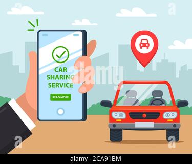 Ein Mann mietet ein Auto über eine mobile Anwendung. Flache Vektor-Illustration. Stock Vektor