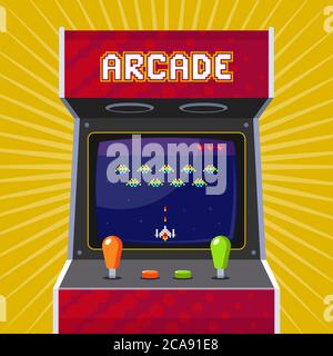 Retro-Arcade-Spielautomat mit Pixel-Spiel. Flache Vektor-Illustration. Stock Vektor