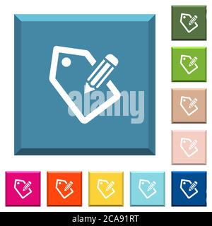 Tagging mit Bleistift weißen Symbolen auf kantigen quadratischen Knöpfen in verschiedenen trendigen Farben Stock Vektor