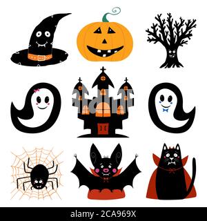 Jack o Laterne, Hexenhut, trockener Baum, Geist, Burg, Fledermaus, Katze, Spinne. Halloween Figuren Set. Isoliert auf weißem Hintergrund. Vektormaterial Stock Vektor