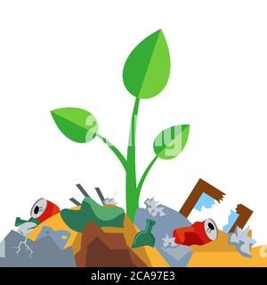 Sprout wächst auf einem Haufen Müll. Verschmutzung der Natur. Flache Vektorgrafik. Stock Vektor