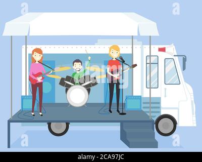 Illustration von Mann und Frau in einer Musikkapelle, die Instrumente spielt und ihr Lied auf einer LKW-Bühne singt Stockfoto
