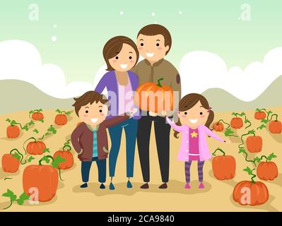 Illustration einer Stickman Familie im Freien und Kürbisse pflücken Stockfoto