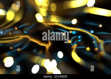 Neon verschwommen verdrehte kosmische Linien auf der glänzenden Oberfläche. Turbulenz Locken fließen bunte Bewegung. Flüssige und glatte Astronomie Wirbel wirbeln Struktur. 3d Stockfoto