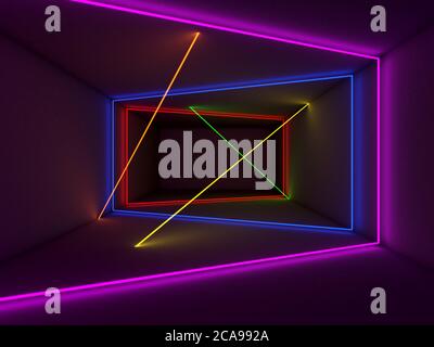 Ein Raum durchzogen von hellen neonfarbenen Linien - 3d-Illustration Stockfoto