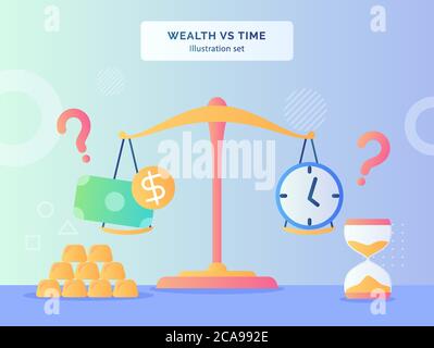 Wealth VS Zeit Abbildung Setzen Sie Geld Dollar Uhr auf Skala Hintergrund von Gold Sanduhr mit flachen Stil. Stock Vektor