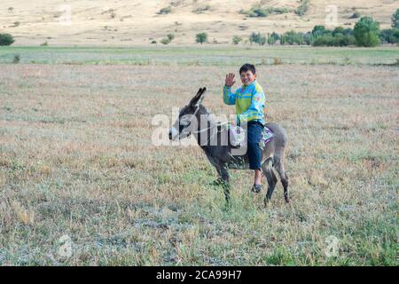 Traditionelle Kokpar oder Buzkashi am Rande des Gabagly Nationalparks, Schymkent, Region Süd, Kasachstan, Zentralasien, nur zu redaktionellen Zwecken Stockfoto