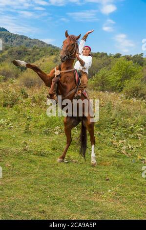 Mann auf aufbäumenden Pferd, kasachische ethnographische Dorf Aul Gunny, Talgar Stadt, Almaty, Kasachstan, Zentralasien, nur zu redaktionellen Zwecken Stockfoto