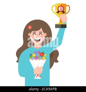 Mädchen mit einer Tasse und Blumen in den Händen. Gewinner des Wettbewerbs. Flache Vektor-Charakter Illustration. Stock Vektor