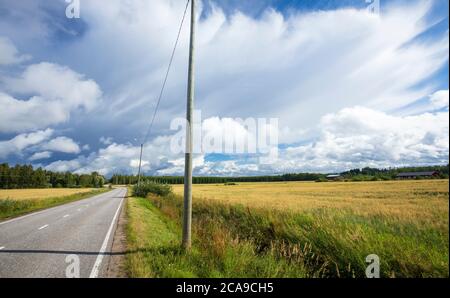 Leere Straße auf dem Land im Sommer, Finnland Stockfoto