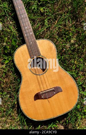 Akustikbariton Ukulele Gitarre, die in einem Grasfeld liegt Stockfoto