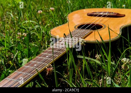 Akustikbariton Ukulele Gitarre, die in einem Grasfeld liegt Stockfoto